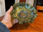 Atq FENTON IrredescenGreen Carnival Glass "Dragon & Lotus" 8-Ruffle Bowl (8.75")