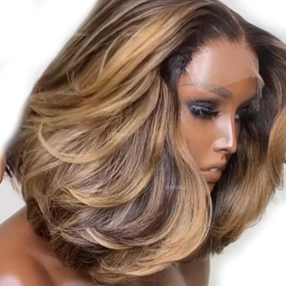Layered Short Wavy Bob Lace Front Wigs Human Hair Brown  display picture 2