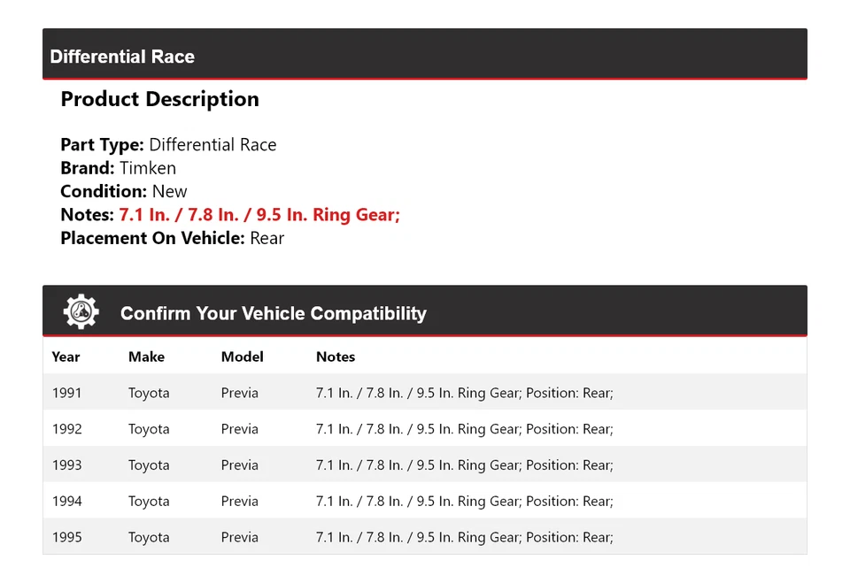 Задний гоночный дифференциал для Toyota Previa 1991-1995 годов выпуска Timken 1992 1993 1994 годов выпуска - Изображение 2 из 4