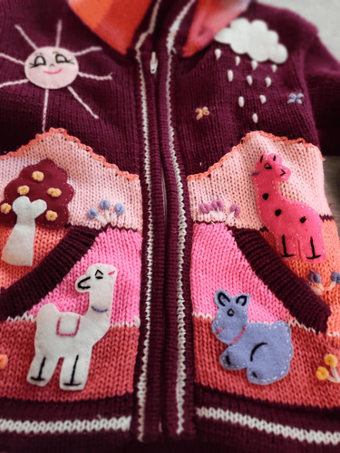 PERUVIAN HAND KNIT PATCHWORK HOODED ZIP UP PINK PURPLE SWEATER NEW - Picture 4 of 10