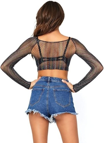 Top corto Leg Avenue Rainbow lurex brillo manga larga, talla única - Imagen 2 de 2