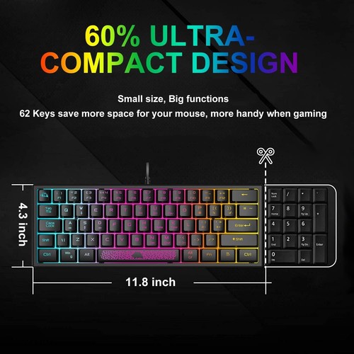 ZIYOU LANG K61 60% Wired Membrane Gaming Keyboard,RGB Chroma Backlit UK Layout - Picture 52 of 57