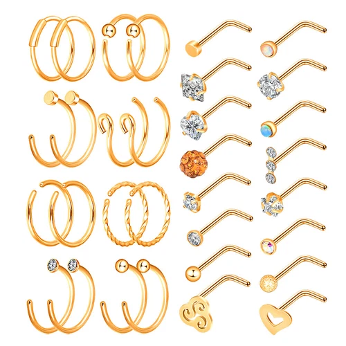 32PCS Nose Hoop Rings L Shaped Pin Studs 20G Surgical Steel Piercing Jewelry Set