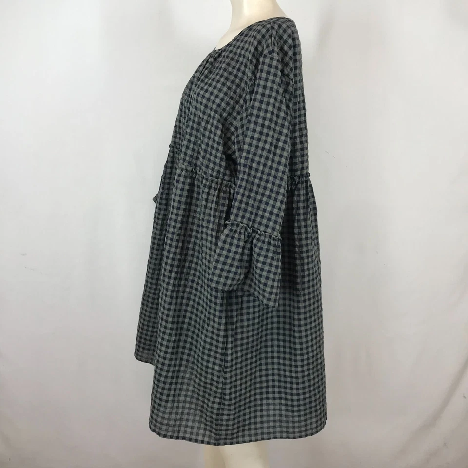 SUZANNE BETRO - WOMEN'S 2X - NAVY/GRAY CHECK BELL SLEEVE ROUND NECK COTTON DRESS - Image 2 of 4