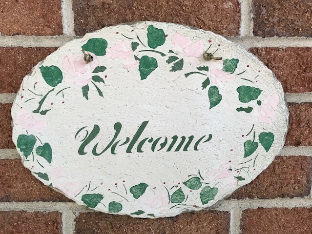 Hand Painted Welcome Sign Slate Wall Hanging Plaque Oval 13" x 9 1/2" Flowers