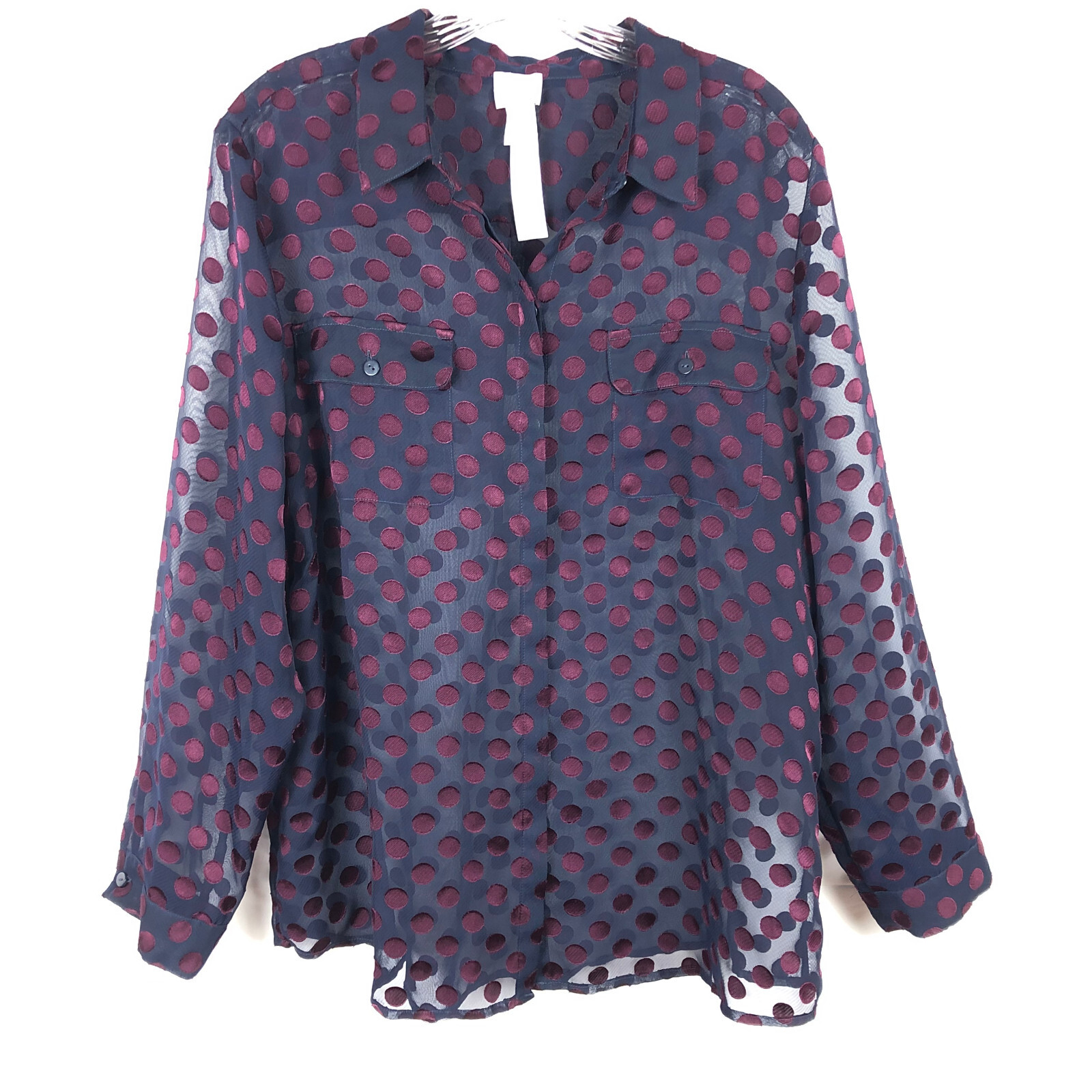 Chicos 2 Top Sz Large Long Sleeve Semi Sheer Burgundy Blue Button up Polka Dot