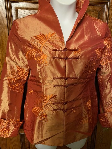 Asiatische orange Cheongsam Seidenjacke XXL LS bestickt Stehkragen Neu ohne Etikett - Bild 5 von 10