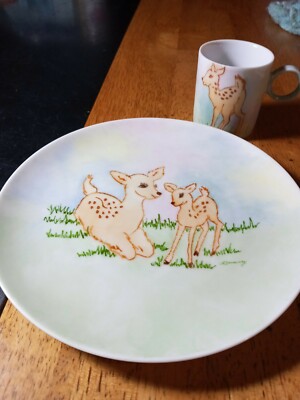 Childrens  Plate Cup KAHLA Germany kids forest deers mommy &baby collectable