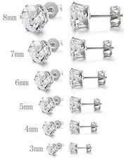 Cubic Zirconia Stud Earrings Stainless Steel 3mm-8mm (Men or Women) 