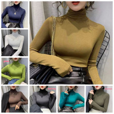 Top Donna Collo Alto Magliette Blusa Basic Slim Piana Stretch Moda