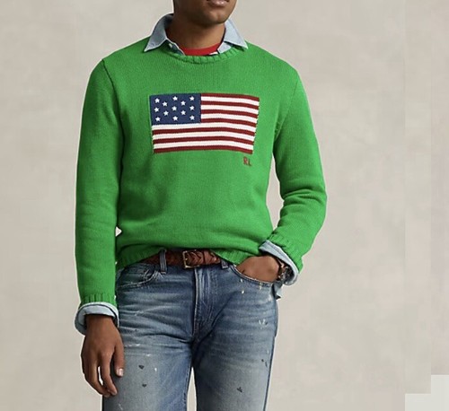Polo Ralph Lauren Womens Green Jumper Sweater American Flag Cotton L RRP349 - Picture 10 of 15