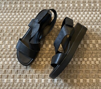 ECCO 37 / 6 Black Leather Touch Plateau Platform Low Wedge Slingback Sandals