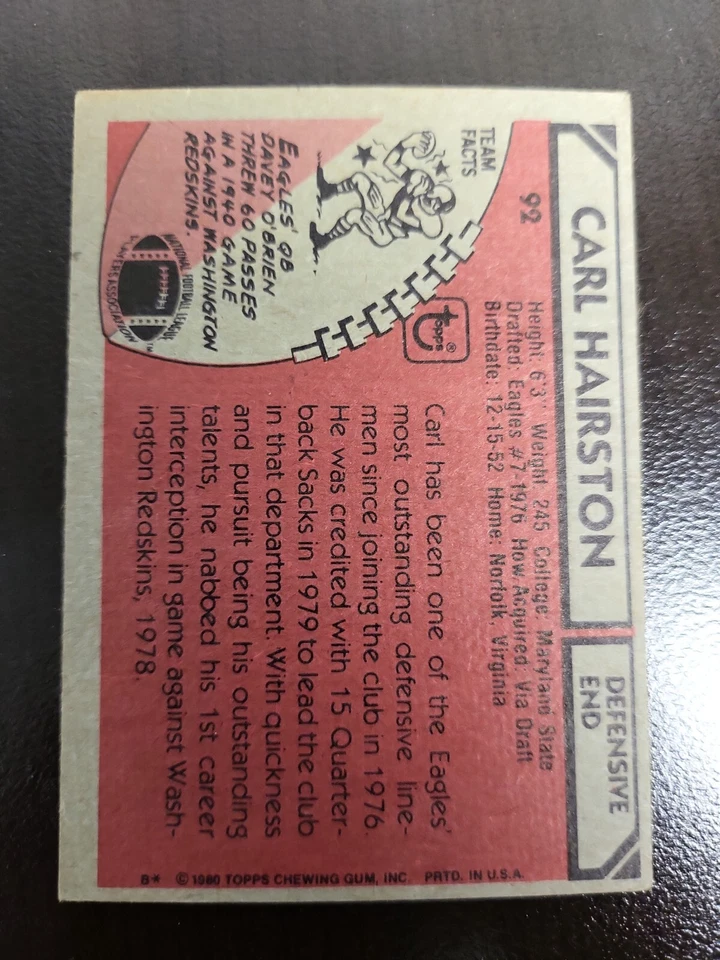 1980 Topps Carl Hairston card #92 - Image 2 of 2