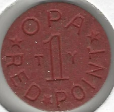 WWII Ration Token, OPA Red 1 Point, Letters T H, Office of Price Administration