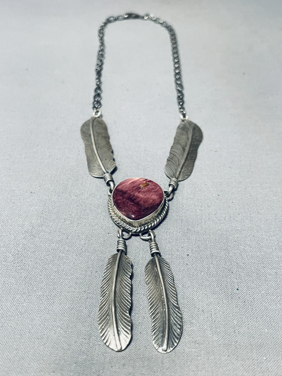 Intricate Longer Vintage Native American Navajo Leaf Sterling Silver Purple Shell Necklace Intricate Longer Vintage Native American Navajo Leaf Sterling Silver Purple Shell Necklace