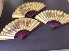Set of 3 Asian 2 Sided Hand 14-24”  Fans Horses Tigers Bird Scenes Wood Frames