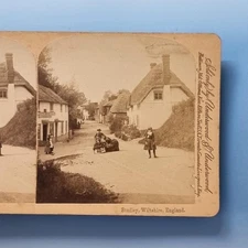 Studley Stereoview C1895 Real Photo Wiltshire Victorian Locals On Main Street