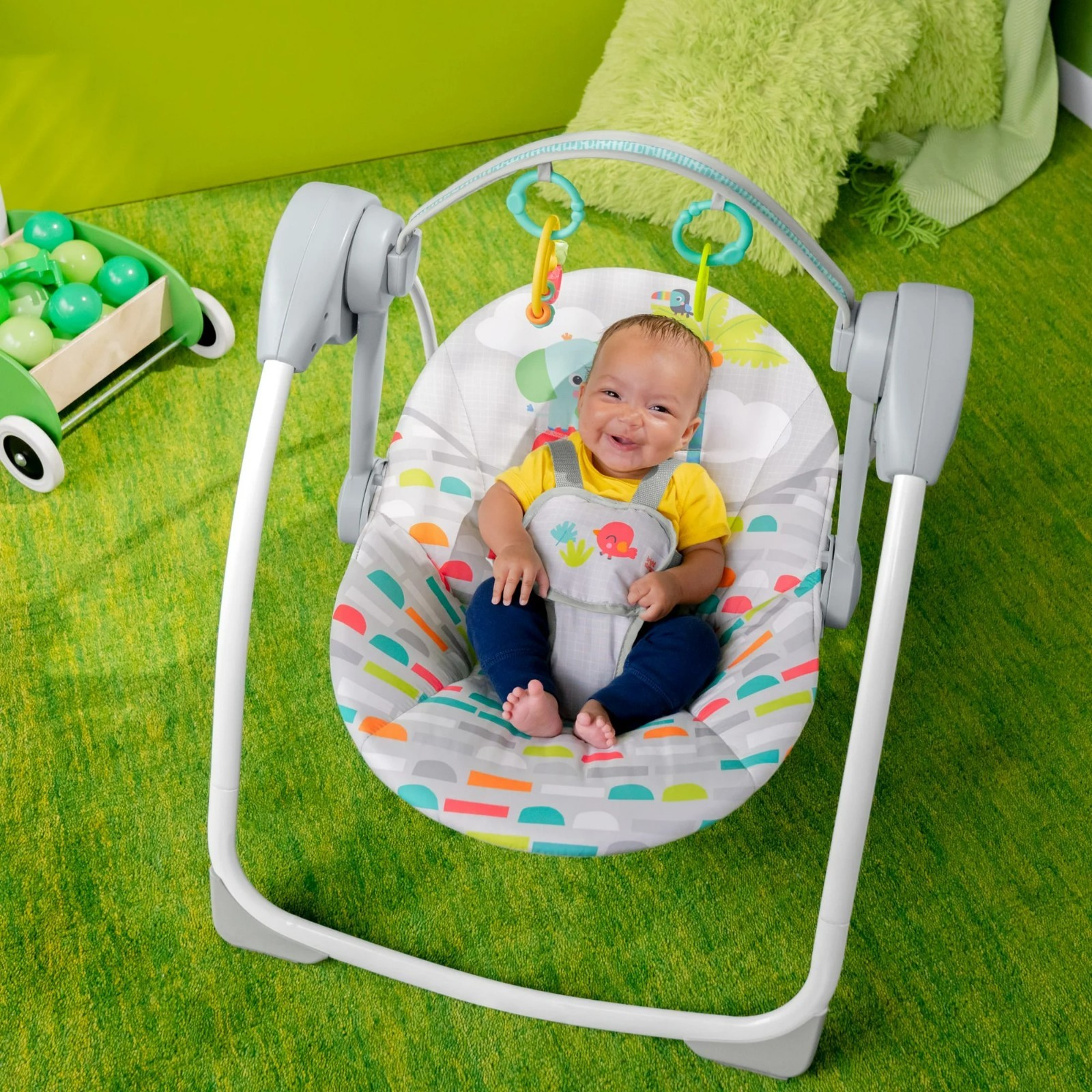 Bright Starts Playful Paradise Portable Compact Baby Swing with Toys, Unisex, Ne
