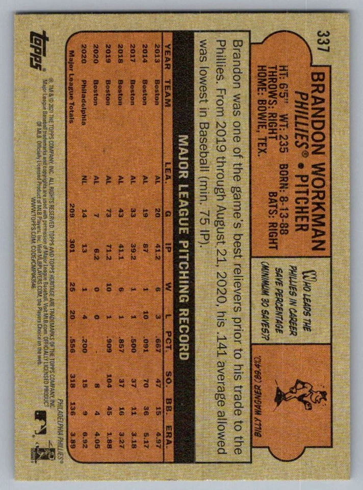 2021 Topps Heritage Brandon Workman Philadelphia Phillies #337 - Image 2 of 2