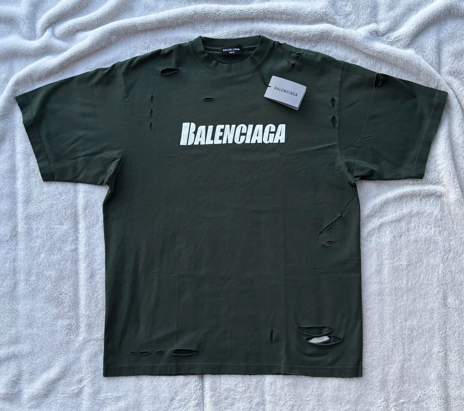 Balenciaga — Balenciaga Green & White Caps Destroyed Tee - Fits XL - $850 - Authentic - New