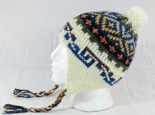 Colorful Soft Alpaca Chullo White Beanie Pom Pom Earflap Unisex Handmade Boho