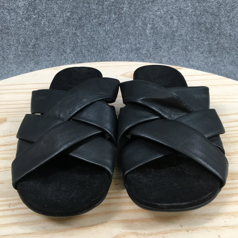 Sandalias Vionic para mujer 9,5 Juno Slide cuero negro sin cordones informales punta abierta planas Foto 4 de 4