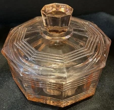 Vintage Pink Indiana Glass Concord Pattern Octagon Covered Candy Dish Vanity Jar
