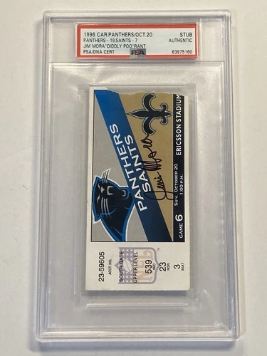 Jim Mora signed 1996 Panthers "Diddly Poo" Rant Saints Ticket Stub auto PSA DNA