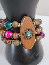 Triple Strand Beaded Stretch Bracelet Wood Glass Metal Beautiful Colorful Boho
