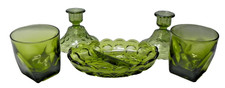 Vintage Green Solid Glass  Ashtray or Dish, Candle Holders & rocks Glasses set