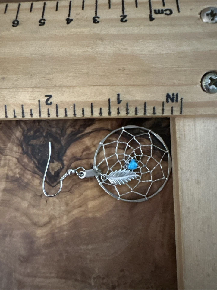 Silver Tone Dream Catcher Feather Charm Turquoise Bead Hook Dangle Earrings - Image 2 of 3