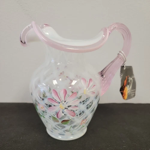 Fenton  Opalescent Hand Painted Diamond Optic Trellis Floral Pitcher  6" SIGNED