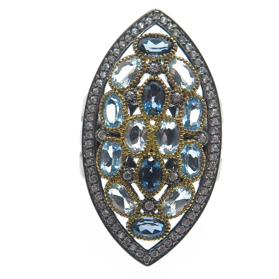 Anillo DSMK Plata Esterlina Negro Rodio Londres Suizo Azul Blanco Topacio Talla 6.25 Foto 3 de 4