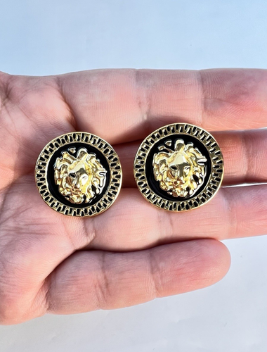 Gold Tone Lion Head Face Stud Earrings 1 in Medallion Black Enamel Pre-owned