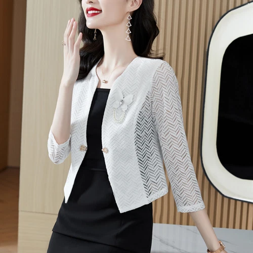 Lady Lace Suit Cardigan Jacket Hollow Cropped Shrug Short Shawl Coat Blazer Tops - Picture 10 of 14