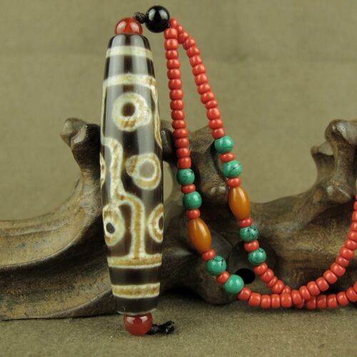 MYSTICAL AMULET 9 EYE OLD TIBETAN AGATE DZI BEAD PENDANT NECKLACE - Picture 1 of 6