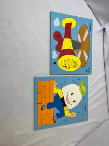 Lot of 2 VINTAGE PLAYSKOOL WOODEN CHILDRENS Puzzles. Humpty and Helicopter
