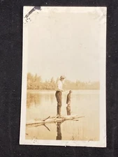 EARLY 1900'S B&W PHOTO FATHER & SON FISHING OFF PIER