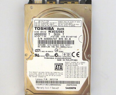 Toshiba MK8032GSX HDD2D32 T ZK01 T 010 B1/AS114E Philippines 80gb Sata APR2006