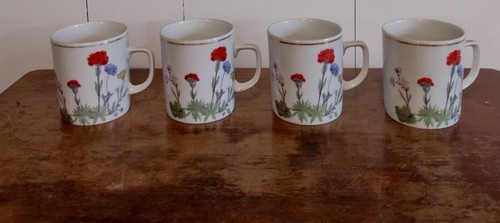 Louis Lourioux Wild Flower 4 Mugs Gold Trim Vtg France White- Red Blue Yellow - 第 4/14 張圖片