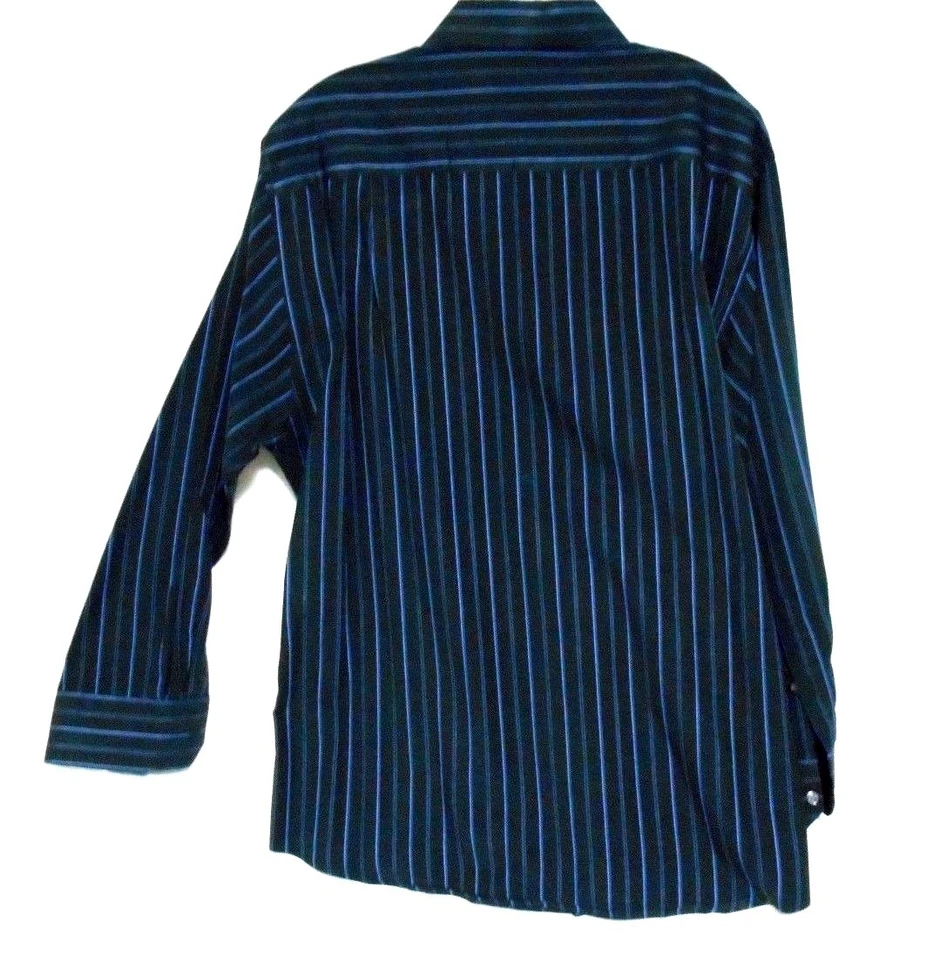 Alfani Mens Fitted Black Blue Stripes Cotton Dress Shirt Sz XL 17 32/33 Academia - Image 3 of 4