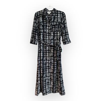 NWT Donna Morgan Crepe Shirt Dress Size Black White Tie Waist