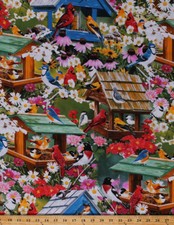 Birds Birdhouses Flowers Cardinals Bluebirds Cotton Fabric Print BTY D372.03