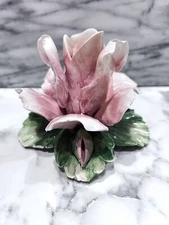 Italian Capodimonte Style Handmade Pink Rose Candle Holder Blue Mark Italy 1925+