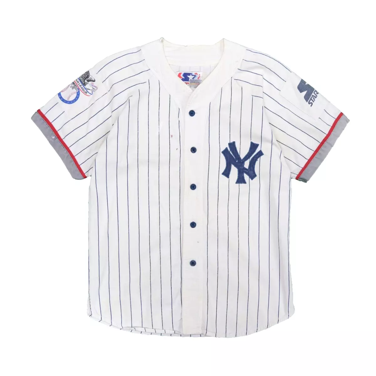 Vintage New York Yankees Script Starter Baseball Jersey Medium Pinstripe MLB