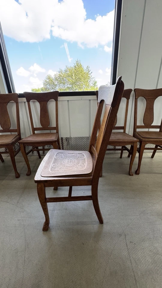6 Antique Chairs, Oak With Leather - Image 3 of 4