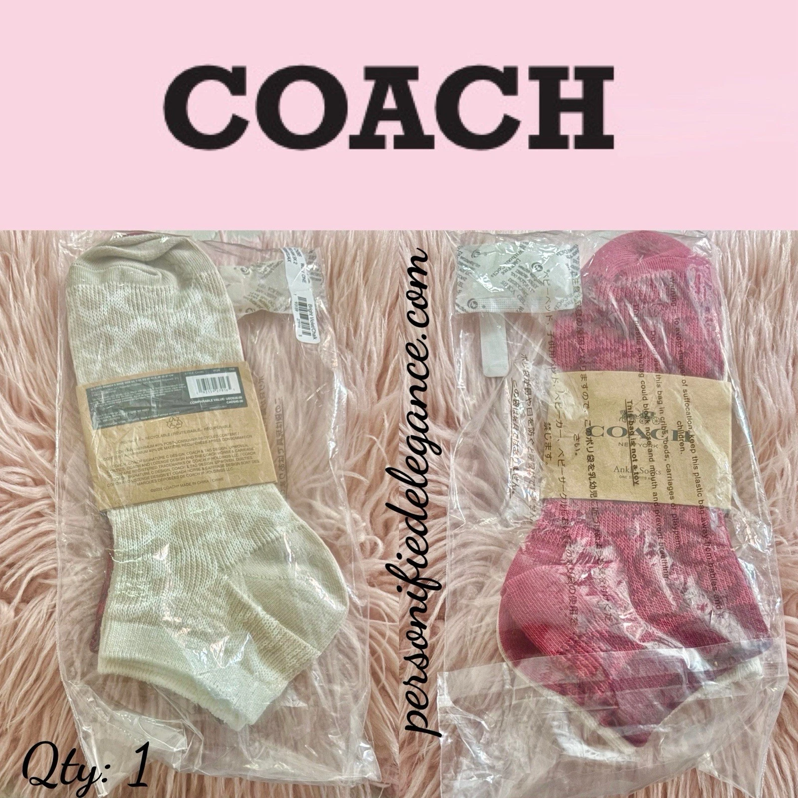 NEW Coach Signature Print Bright Violet/Chalk 2 Pack Ankle Socks One Size