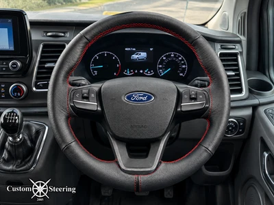 PARA FORD TRANSIT CUSTOM 2019-2022 CUBIERTA VOLANTE CUERO MACIZO NEGRO - Imagen 1 de 4