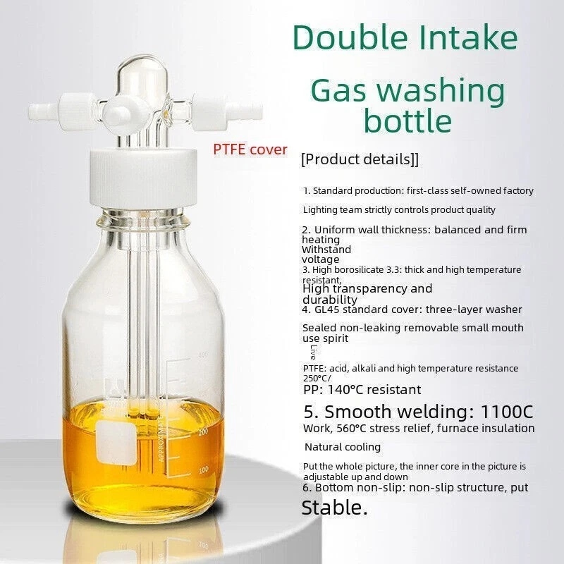 Borosilicate Gas Washing Bottle 100ml-2000ml Lab Buffer Drechsel Head GL45 Lid - Image 3 of 4