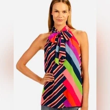 Women's Trina Turk Vibrant Multicolor Striped Halter Blouse Small Tie Neck Chic